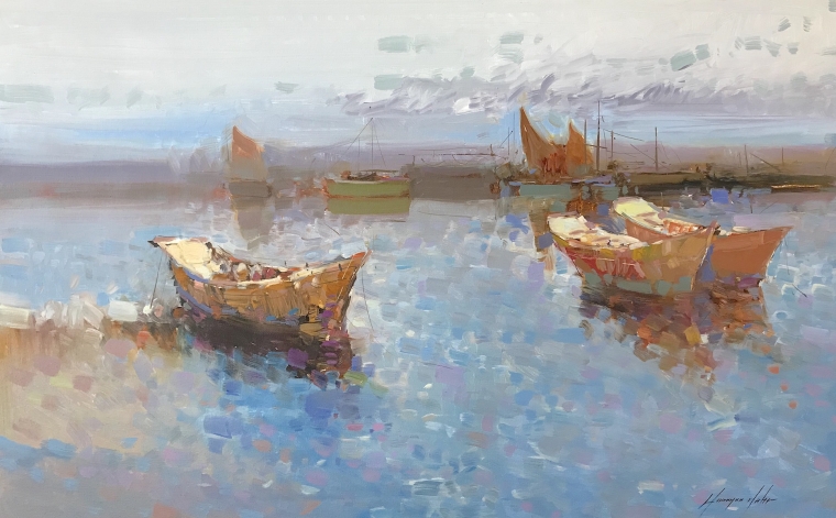Harbor, Original oil Painting, Handmade artwork, One of a Kind                       
